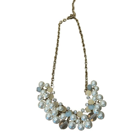 FAUX PEARL STATEMENT BUBBLE NECKLACE, GOLD TONE, IVORY Clear Blue White 23” - Picture 5 of 9